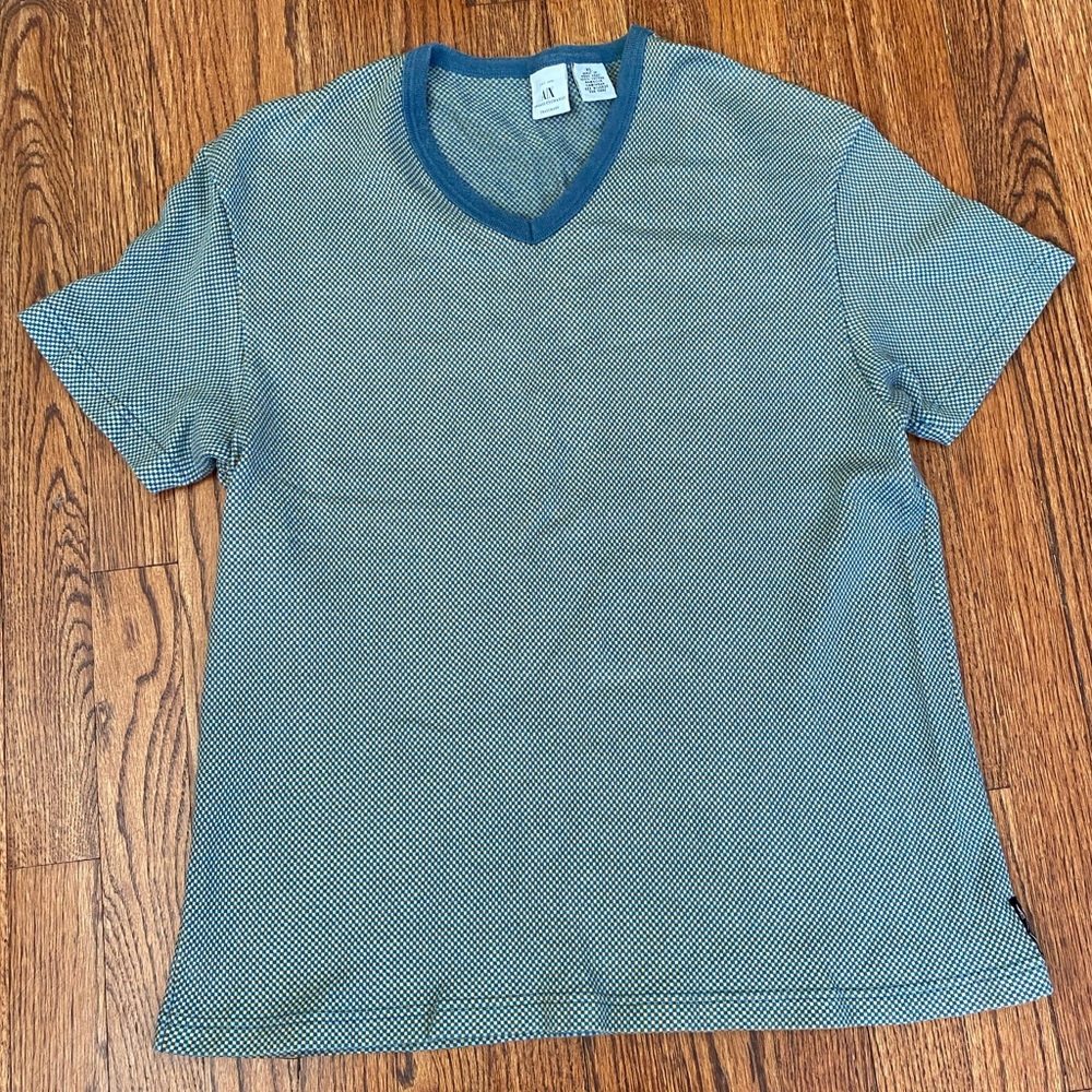 Vintage Armani Exchange Blue And Yellow Micro Check T Shirt Size XL